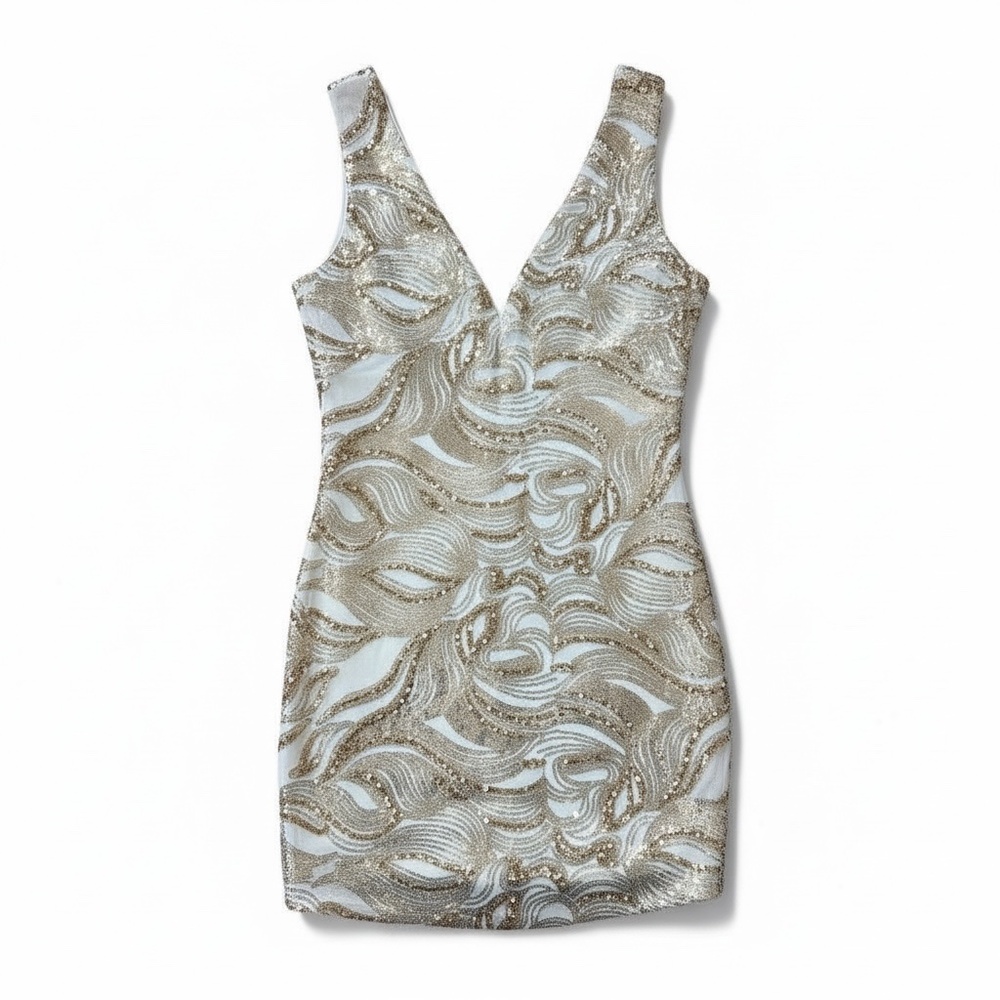 As U Wish Sleeveless Sequin Mini Dress – Gold & White, Size Large - Picture 2 of 3